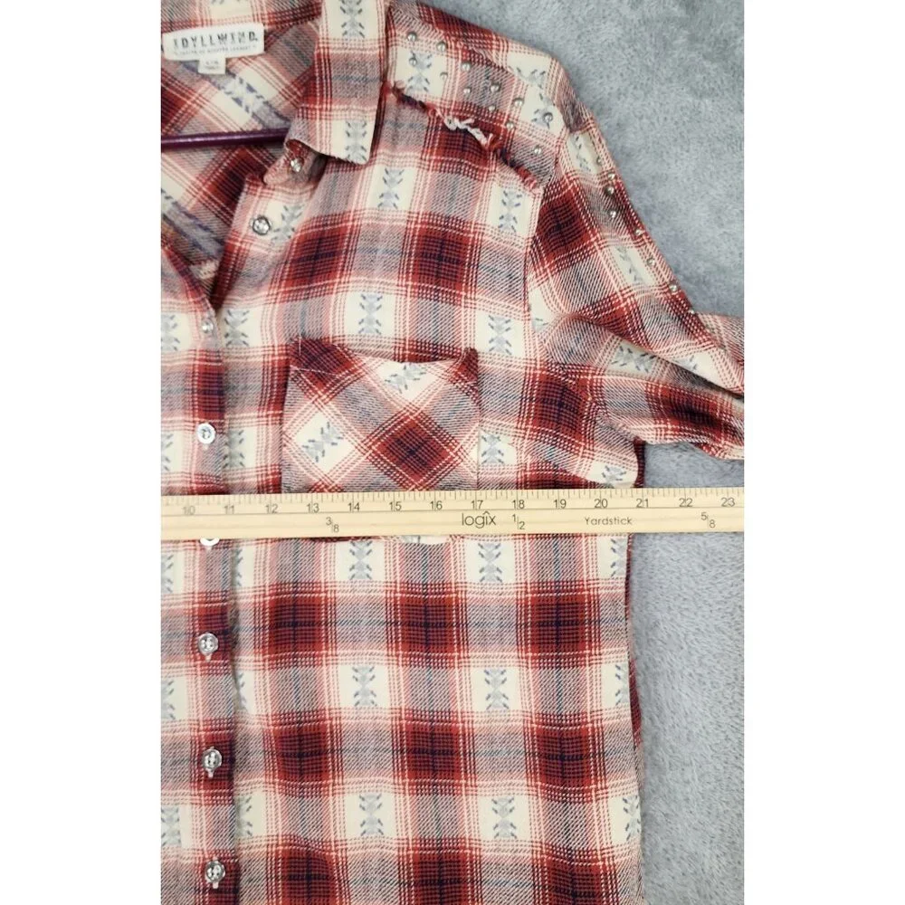 Idyll Wind Shirt Womens Large Red Cream Plaid Flannel Beaded Fringed Western Top - Picture 4 of 14